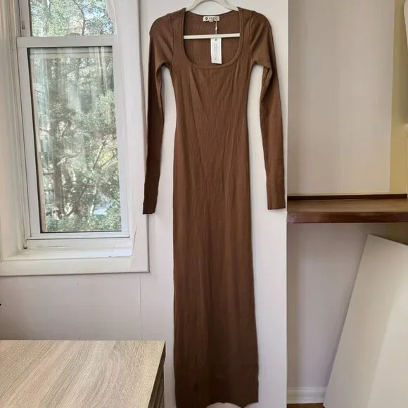 Eterne Square-Neck Long Sleeve Butter Rib Maxi Dress Earth Brown Small Eterne Square-Neck Long Sleeve Butter Rib Maxi Dress Earth Brown Small